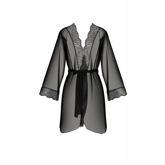 Пеньюар с ажурным декольте, манжетами и широкими рукавами Passion Amberly Peignoir Black, 6XL/7XL