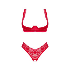 Красный комплект белья с открытой грудью и доступом Obsessive Lacelove Cupless 2-Pcs Set Red, XS/S