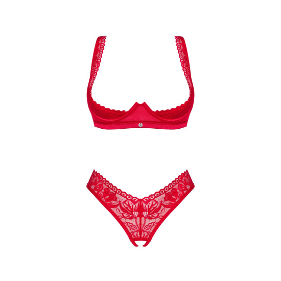 Червоний комплект білизни з відкритими грудьми і доступом Obsessive Lacelove Cupless 2-Pcs Set Red, XS/S