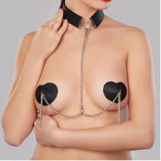 Пестис-сердечка з пензликами і чокером, чорні (стікери) JSY Nipple Sticker RT236114 Black