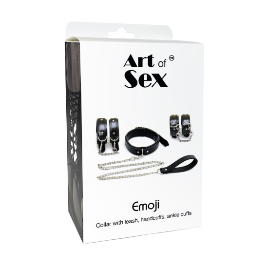 Набор BDSM (наручники, поножи, ошейник с поводком), экокожа Art of Sex Emoji Black