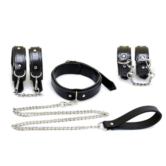 Набор BDSM (наручники, поножи, ошейник с поводком), экокожа Art of Sex Emoji Black