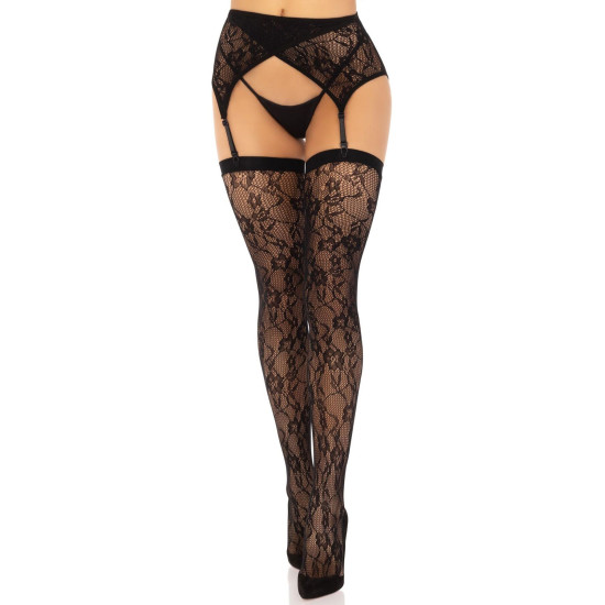 Кружевные чулки с поясом, черные Leg Avenue Lace Thigh Highs & Garterbelt Black, One Size