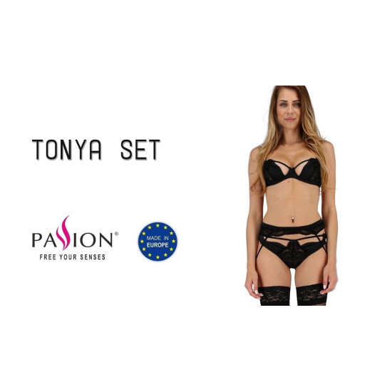 Комплект нижнего белья черного цвета (трусики, лиф, пояс для чулок) TONYA SET Passion Exclusive Black, L/XL