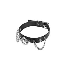 Ошейник из экокожи с цепочками, шипами и кольцом, черный Fetish Tentation Choker Rings and Chains