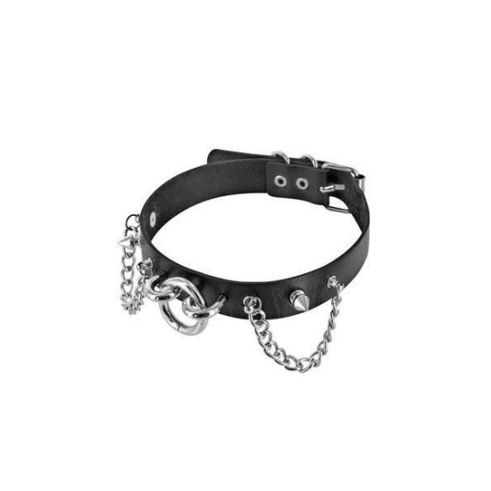 Нашийник з екошкіри з ланцюжками, шипами і кільцем, чорний Fetish Tentation Choker Rings and Chains