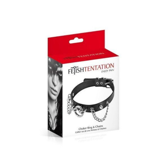 Нашийник з екошкіри з ланцюжками, шипами і кільцем, чорний Fetish Tentation Choker Rings and Chains