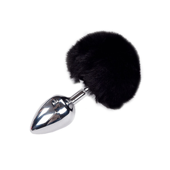 Металева анальна пробка «Кролячий хвостик», чорна, діаметр 3,9 см Alive Fluffly Plug Black, L