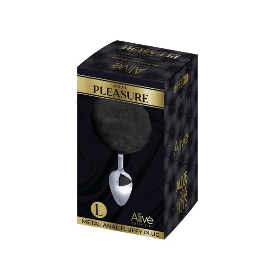 Металева анальна пробка «Кролячий хвостик», чорна, діаметр 3,9 см Alive Fluffly Plug Black, L