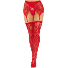 Мереживні панчохи з поясом, червоні Leg Avenue Lace Thigh Highs & Garterbelt Red, One Size