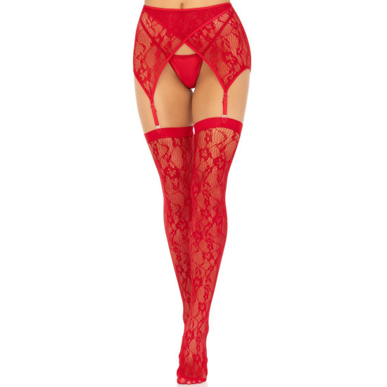 Кружевные чулки с поясом, красные Leg Avenue Lace Thigh Highs & Garterbelt Red, One Size
