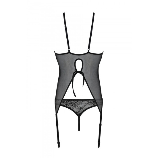 Корсет с пажами и трусиками с ажурным декором и открытым шагом, черный Passion Ursula Corset Black, L/XL