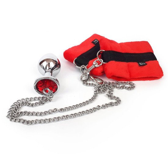 Наручники для сексу з металевою анальною пробкою, діаметр 3,4 см Art of Sex Handcuffs With Metal Anal Plug Red, M