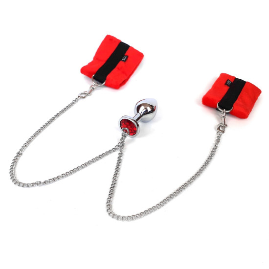 Наручники для сексу з металевою анальною пробкою, діаметр 3,4 см Art of Sex Handcuffs With Metal Anal Plug Red, M