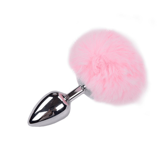 Металева анальна пробка «Кролячий хвостик», рожева, діаметр 3,9 см Alive Fluffy Plug Pink, L