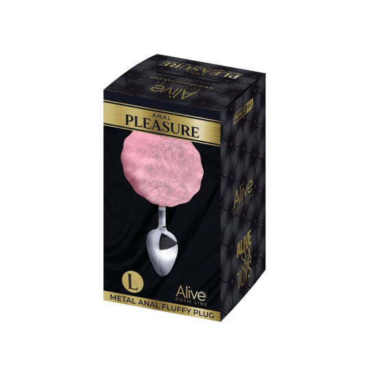 Металева анальна пробка «Кролячий хвостик», рожева, діаметр 3,9 см Alive Fluffy Plug Pink, L