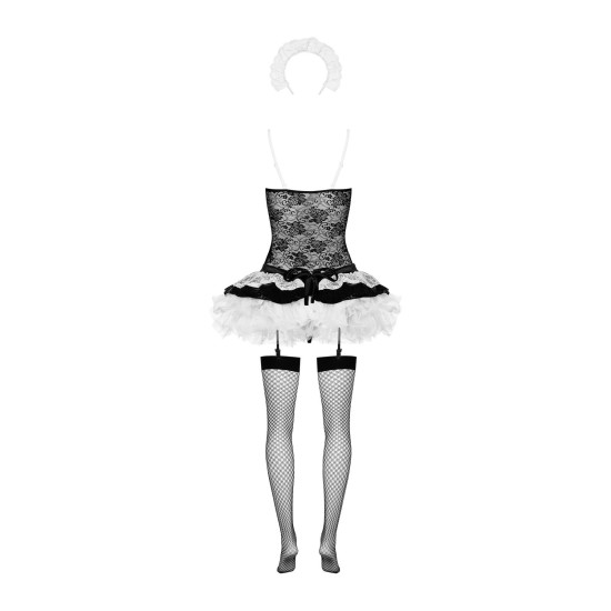 Эротический костюм горничной с юбкой (топ, юбка, стринги), черный Obsessive Housemaid 5 Pcs Costume Black, S/M