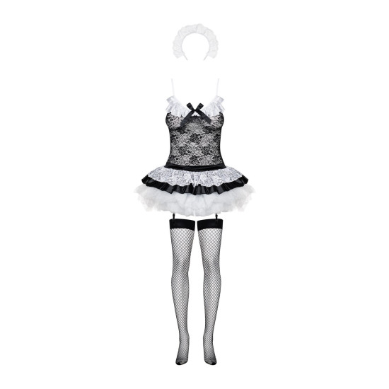 Эротический костюм горничной с юбкой (топ, юбка, стринги), черный Obsessive Housemaid 5 Pcs Costume Black, S/M