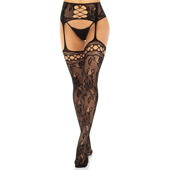 Панчохи з поясом і візерунком троянд, чорні Leg Avenue French Rose French Backseam Garter Belt Stockings Black, One Size