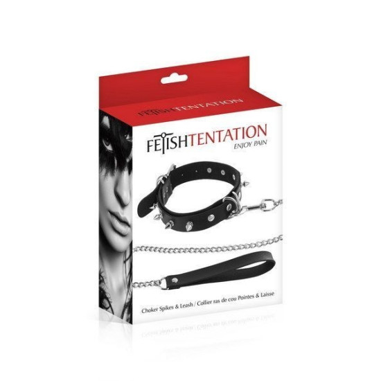 БДСМ нашийник із шипами та повідцем, чорний Fetish Tentation Spikes and Leash Collar