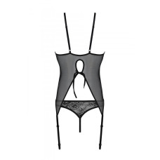 Корсет с пажами и трусиками с ажурным декором и открытым шагом, черный Passion Ursula Corset Black, S/M