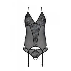 Корсет с пажами и трусиками с ажурным декором и открытым шагом, черный Passion Ursula Corset Black, S/M
