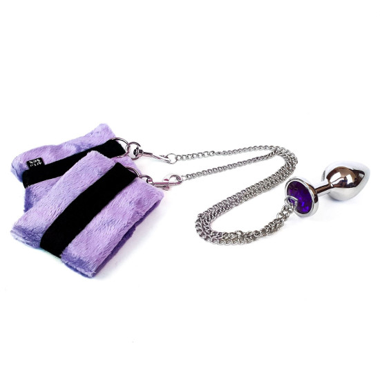 Металева анальна пробка з наручниками, діаметр 3,4 см Art of Sex Handcuffs With Metal Anal Plug Purple, M