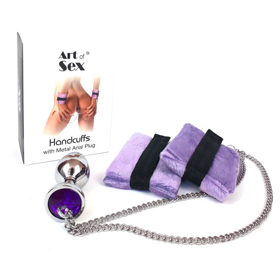 Металева анальна пробка з наручниками, діаметр 3,4 см Art of Sex Handcuffs With Metal Anal Plug Purple, M