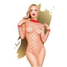 Боди с крупной сеткой, высоким воротником и длинными рукавами, красное Penthouse Scandalous Red, XL