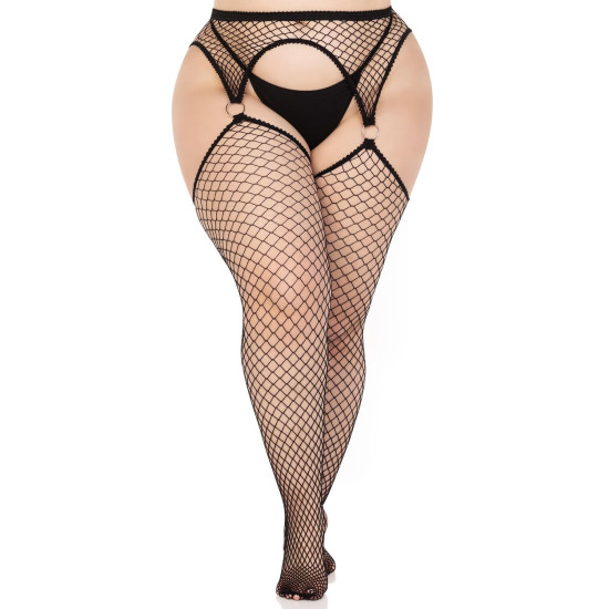Панчохи з поясом і металевим кільцем, чорні Leg Avenue Stockings with O-Ring Attached Garter Belt Black, 1X/2X