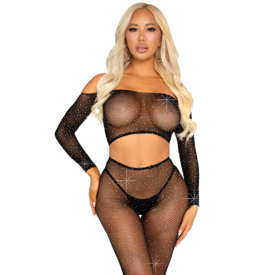 Комплект из сетки со стразами (кроп-топ и леггинсы), черный Leg Avenue Rhinestone Fishnet Crop Top And Legging Black, One Size