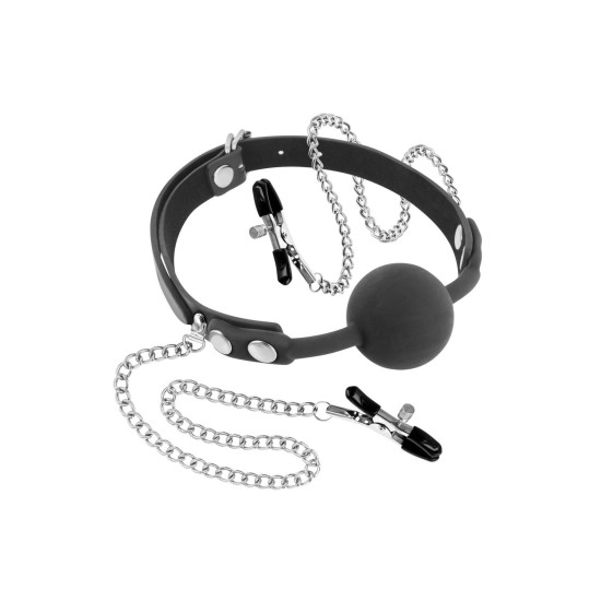 Кляп із силіконовою кулькою і затискачами для сосків Fetish Tentation Gag Ball with Nipple Clamps