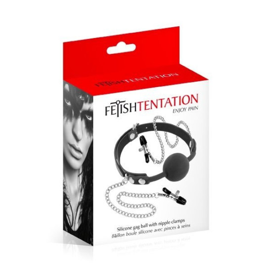 Кляп із силіконовою кулькою і затискачами для сосків Fetish Tentation Gag Ball with Nipple Clamps