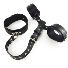 БДСМ фиксаторы для шеи и рук из натуральной кожи, черные Art of Sex Bondage Set Black