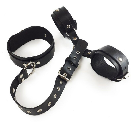 БДСМ фиксаторы для шеи и рук из натуральной кожи, черные Art of Sex Bondage Set Black