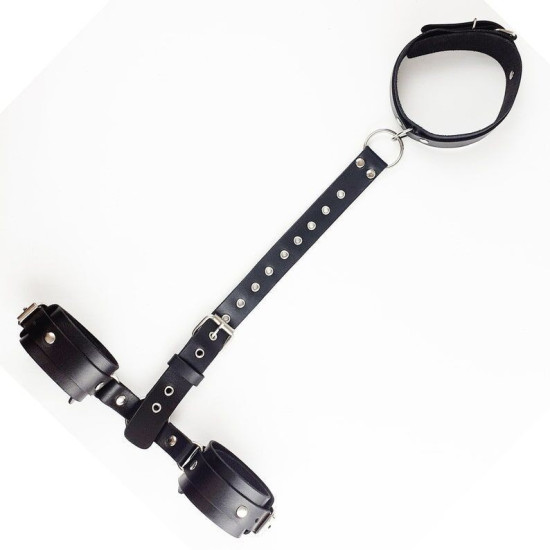 БДСМ фиксаторы для шеи и рук из натуральной кожи, черные Art of Sex Bondage Set Black