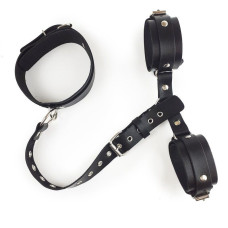 БДСМ фиксаторы для шеи и рук из натуральной кожи, черные Art of Sex Bondage Set Black