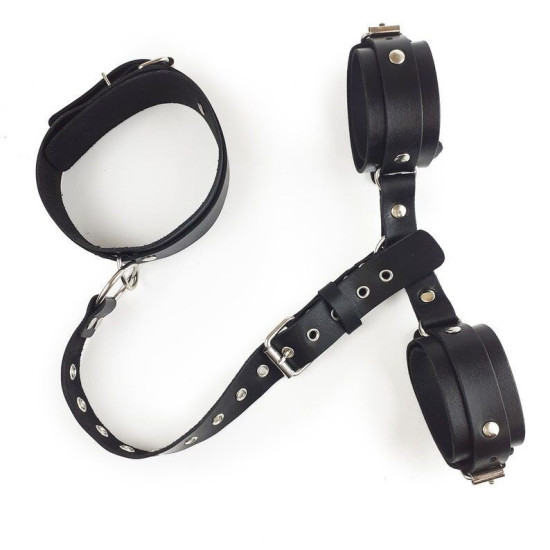 БДСМ фиксаторы для шеи и рук из натуральной кожи, черные Art of Sex Bondage Set Black