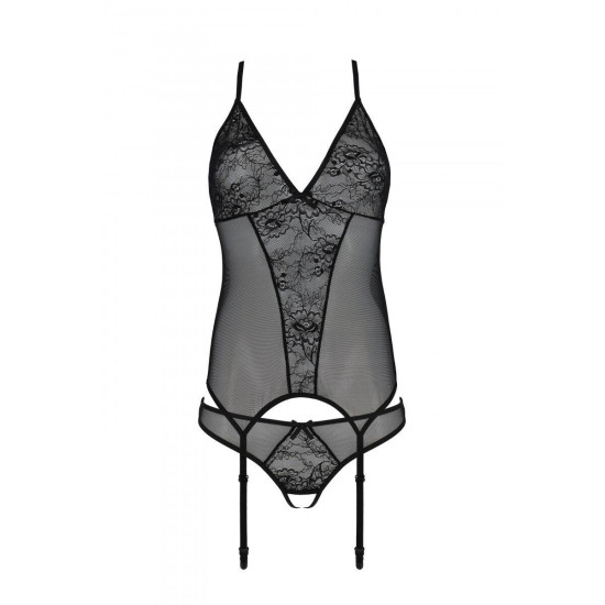 Корсет с пажами и трусиками с ажурным декором и открытым шагом, черный Passion Ursula Corset Black, XXL/XXXL