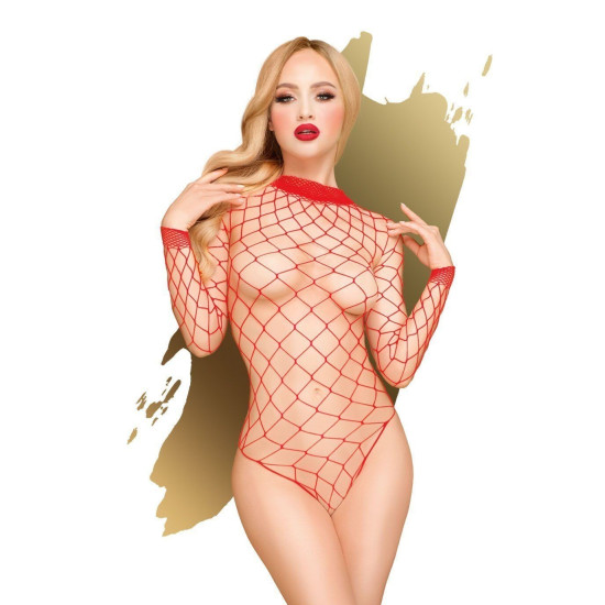 Боді з великою сіткою, високим коміром і довгими рукавами, червоне Penthouse Scandalous Red, S/L
