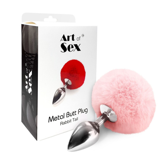 Металева анальна пробка з рожевим хвостиком кролика, діаметр 3,5 см Art of Sex Metal Butt Plug Rabbit Tail, M