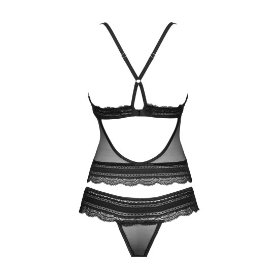 Чёрный полупрозрачный набор (топ и танга) с украшениями Obsessive Ivannes Top & Thong Black, L/XL