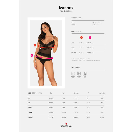 Чёрный полупрозрачный набор (топ и танга) с украшениями Obsessive Ivannes Top & Thong Black, L/XL