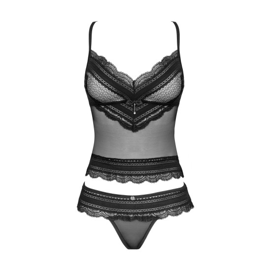 Чёрный полупрозрачный набор (топ и танга) с украшениями Obsessive Ivannes Top & Thong Black, L/XL