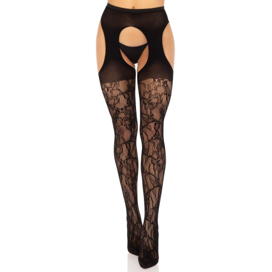 Чулки с подвязками, черные Leg Avenue Eyelet Lace Suspender Hose Black, One Size
