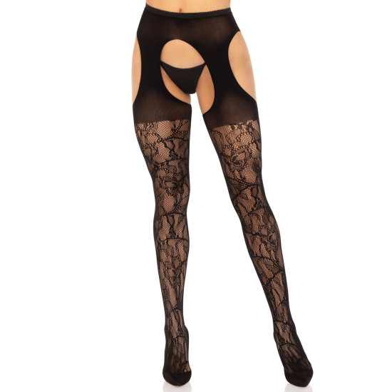 Чулки с подвязками, черные Leg Avenue Eyelet Lace Suspender Hose Black, One Size