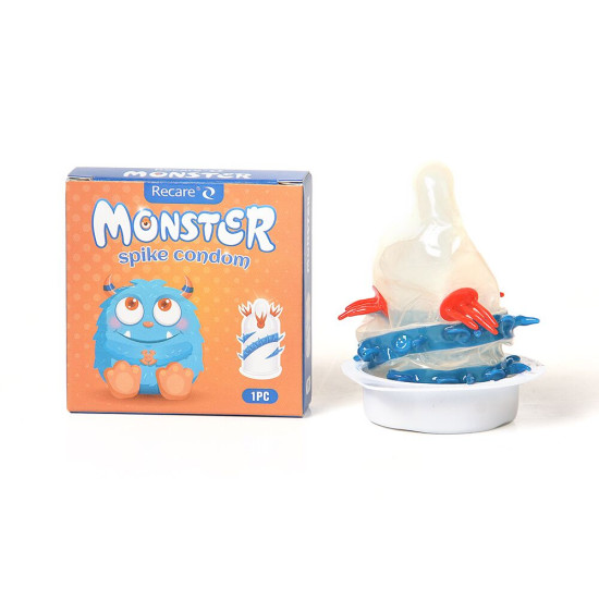 Насадка на член (презерватив з вусиками та спіраллю шипів), синя Recare Blue Monster Spike Condom