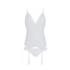 Корсет с пажами и трусиками с ажурным декором и открытым шагом, белый Passion Ursula Corset White, L/XL