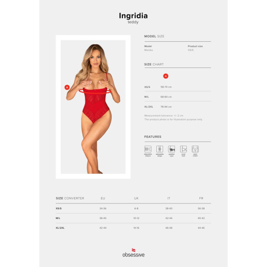 Боди с открытой грудью и доступом к промежности, красное Obsessive Ingridia Crotchless Teddy Red, XS/S