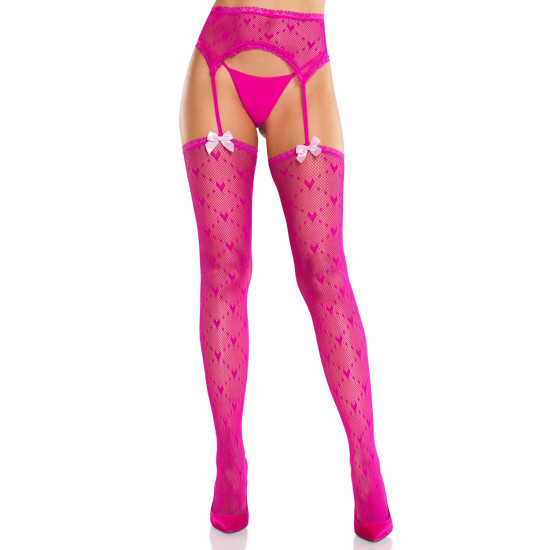 Колготки-чулки с узором сердечки и поясом, малиновые Leg Avenue Heart Garterbelt Stockings Magenta, One Size